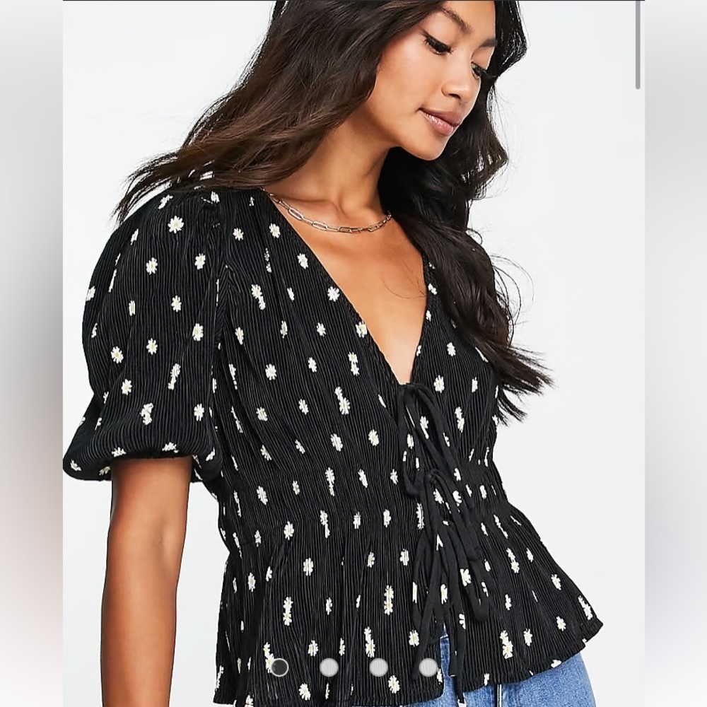 Mango Plisse Floral Tie Top